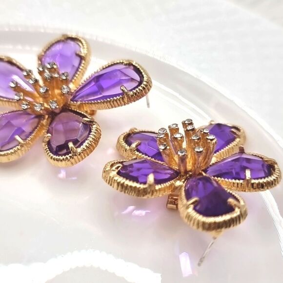 New 18k ANTHROPOLOGIE FLORAL TAPESTRY crystal glass flower earrings - Picture 4 of 11